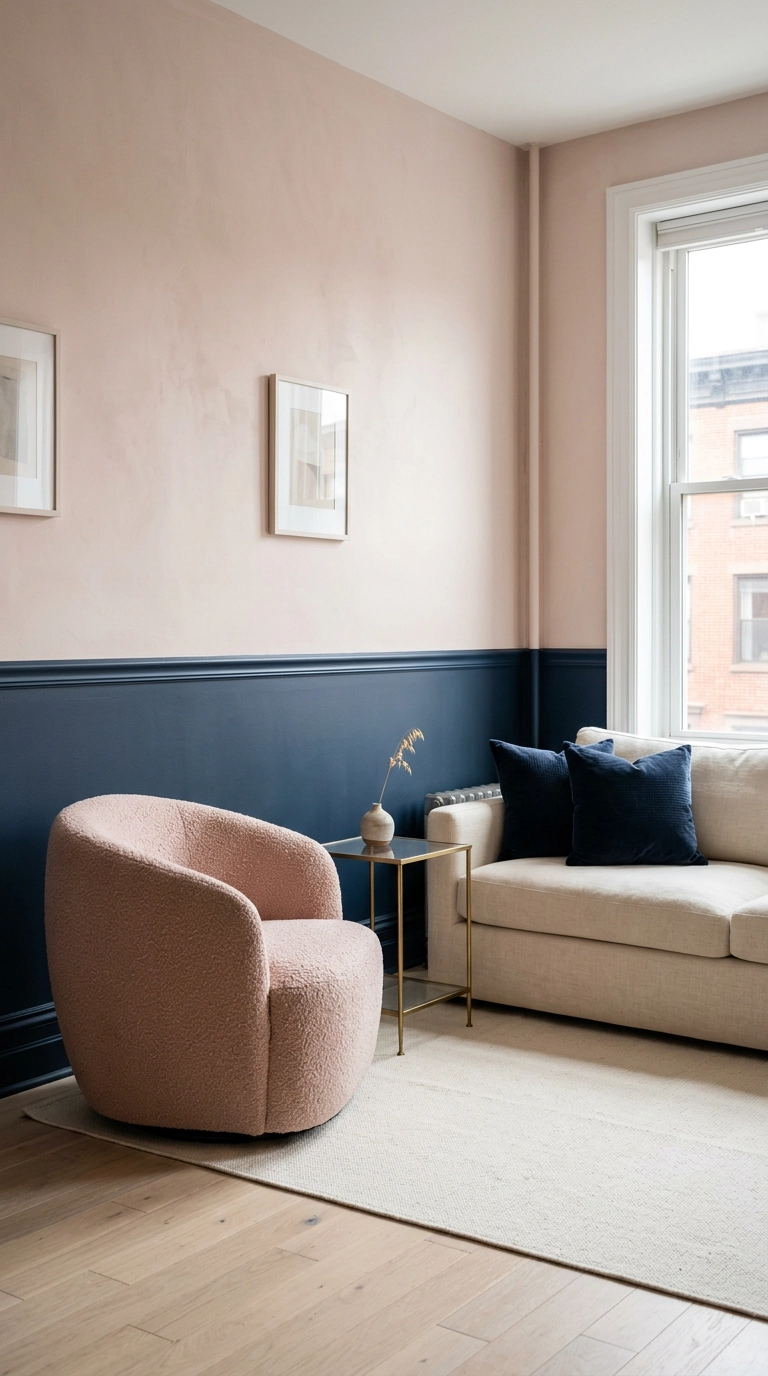 Navy lower wall with blush upper wall and a blush boucle armchair