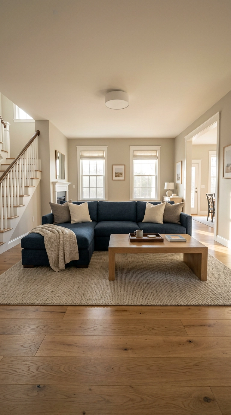 Deep navy performance fabric sectional with cream pillows in a family room