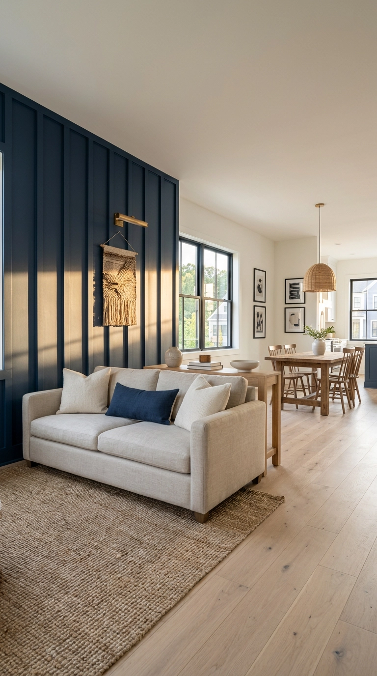 Navy board and batten wall molding behind a low oatmeal linen sofa