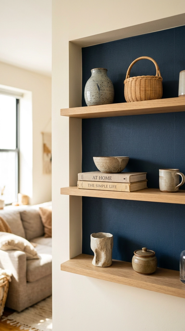 Navy backed open shelving styled with three objects per shelf
