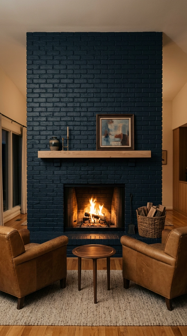 Deep navy painted brick fireplace surround with a white oak floating mantel
