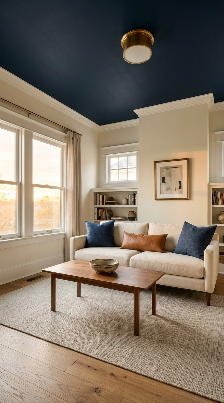 Deep navy painted ceiling with white crown molding above a cream sofa