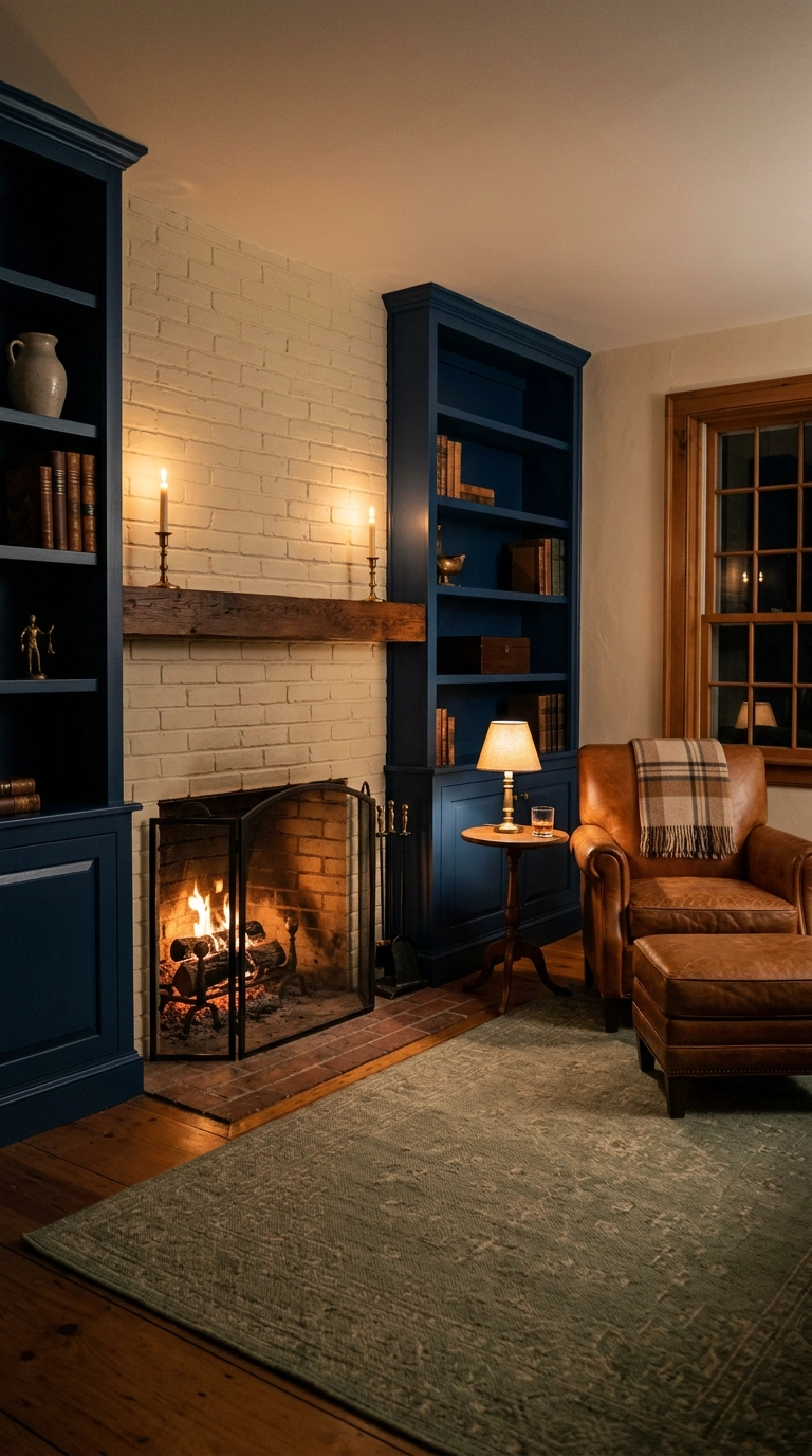 Navy painted built-in bookshelves flanking a cream painted brick fireplace