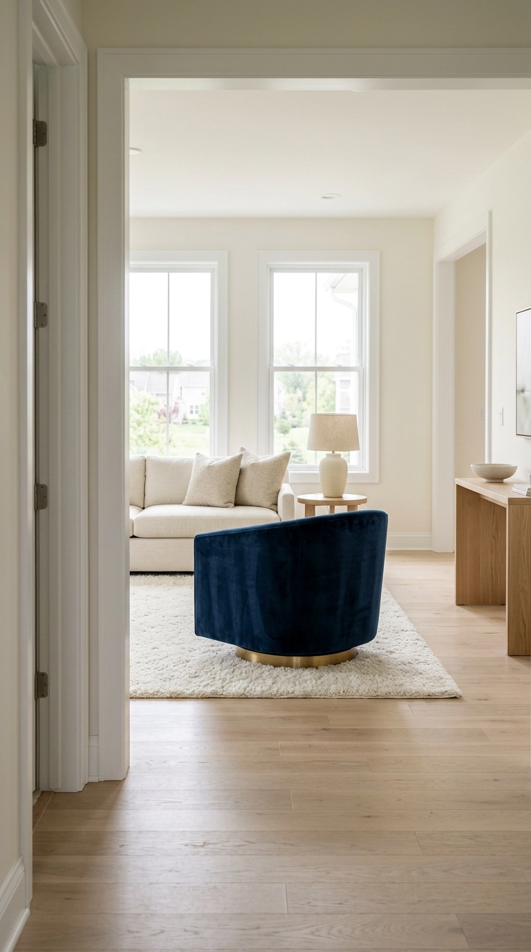 Single navy velvet swivel chair as the focal point in a neutral living room