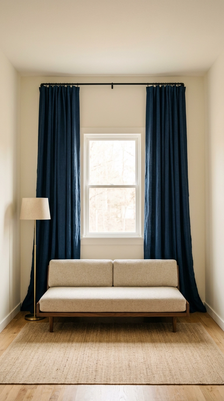 Floor-length navy linen curtains hung high near the ceiling in a small living room