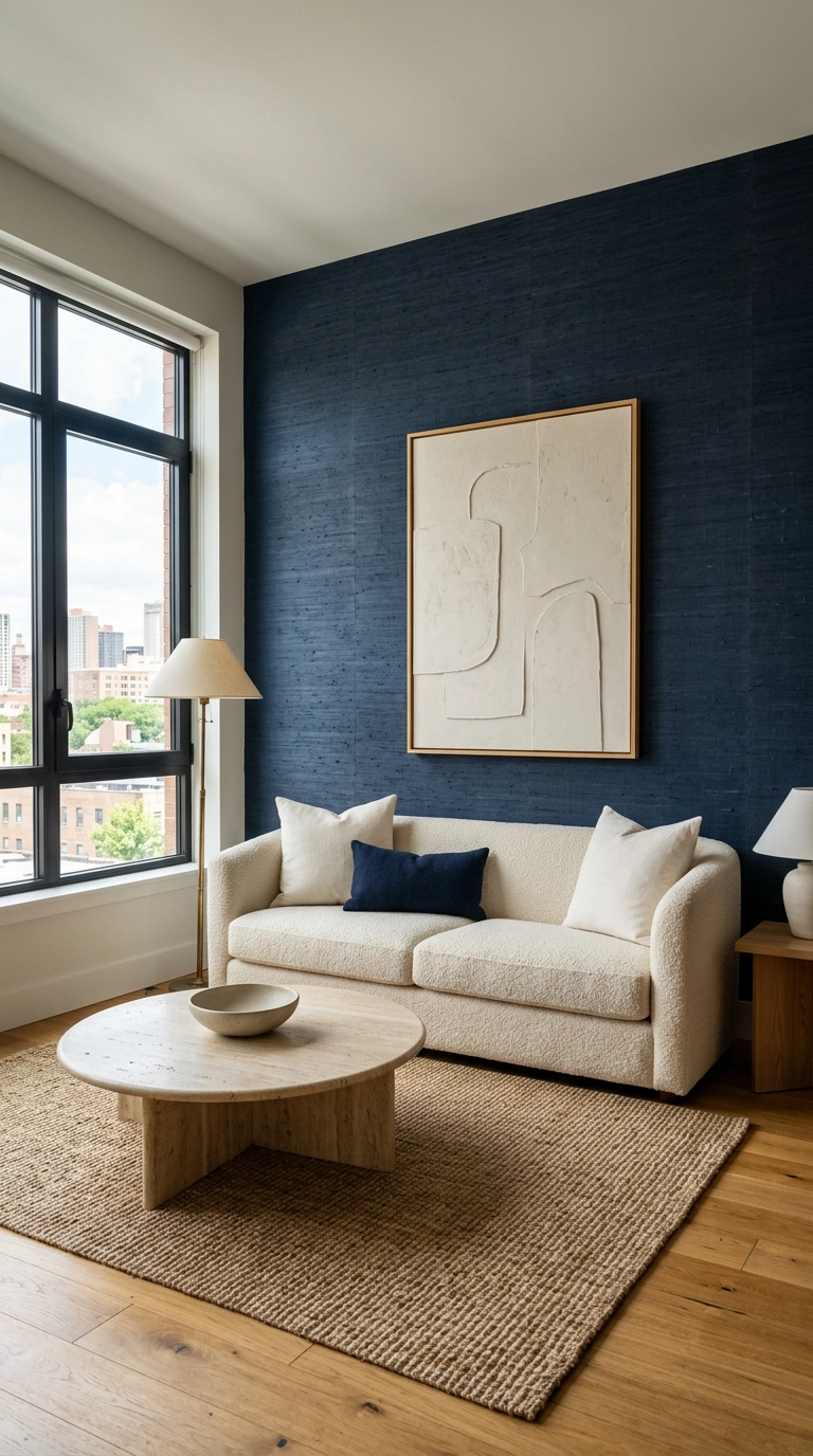 Navy grasscloth wallpaper wall behind a cream boucle sofa