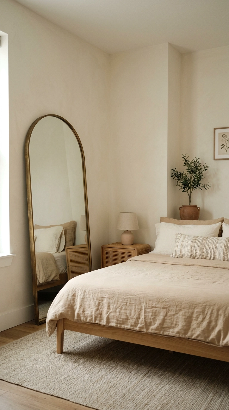 Large arched brass floor mirror leaning beside a low oak bed with no headboard