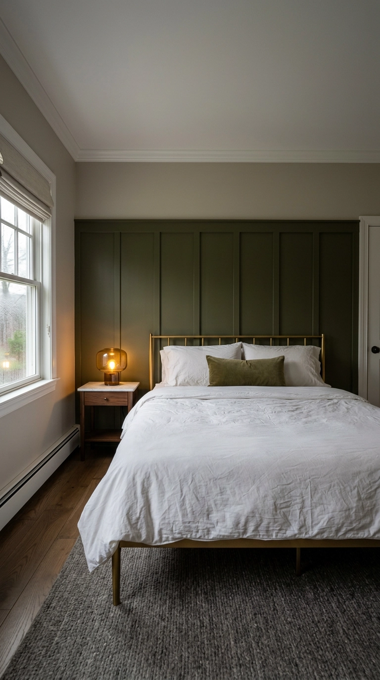 Deep olive board and batten wall molding behind a brass bed with no headboard