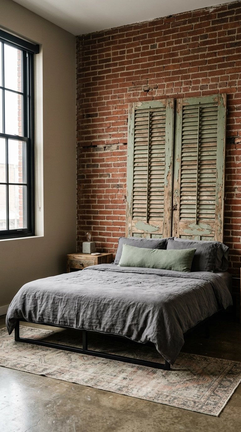 Weathered sage green salvaged shutters leaning behind a low black metal bed with no headboard