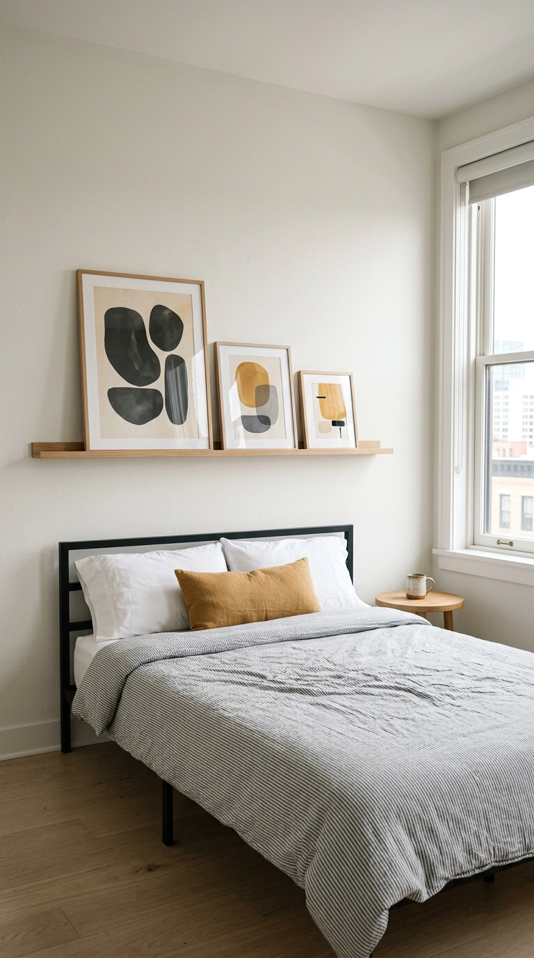 White oak picture ledge with three leaned artworks above a bed without a headboard
