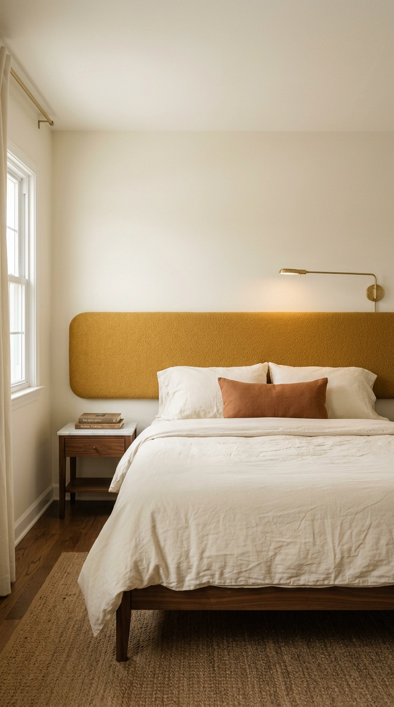 Mustard boucle upholstered cushion panel mounted on the wall behind a low walnut bed with no headboard