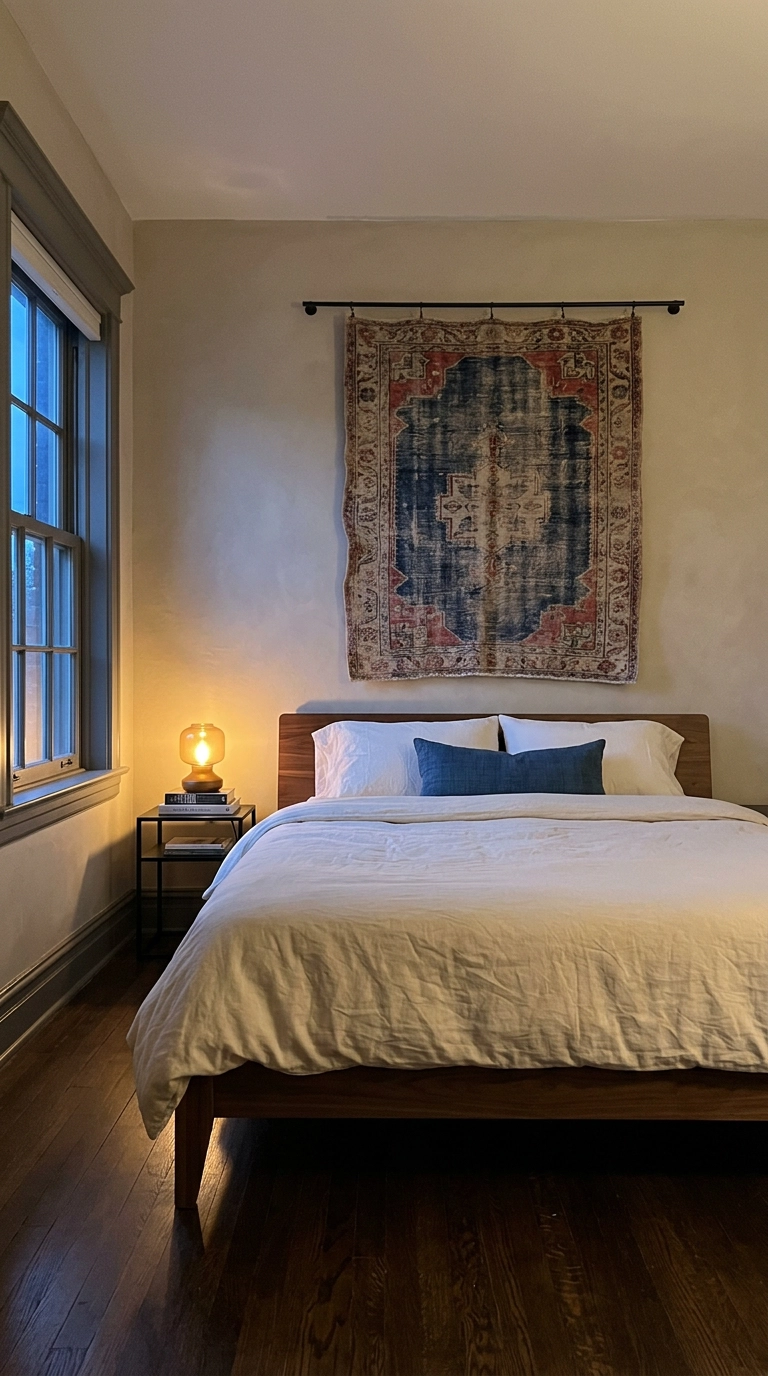 Faded indigo vintage Turkish rug hung on the wall behind a low walnut bed with no headboard