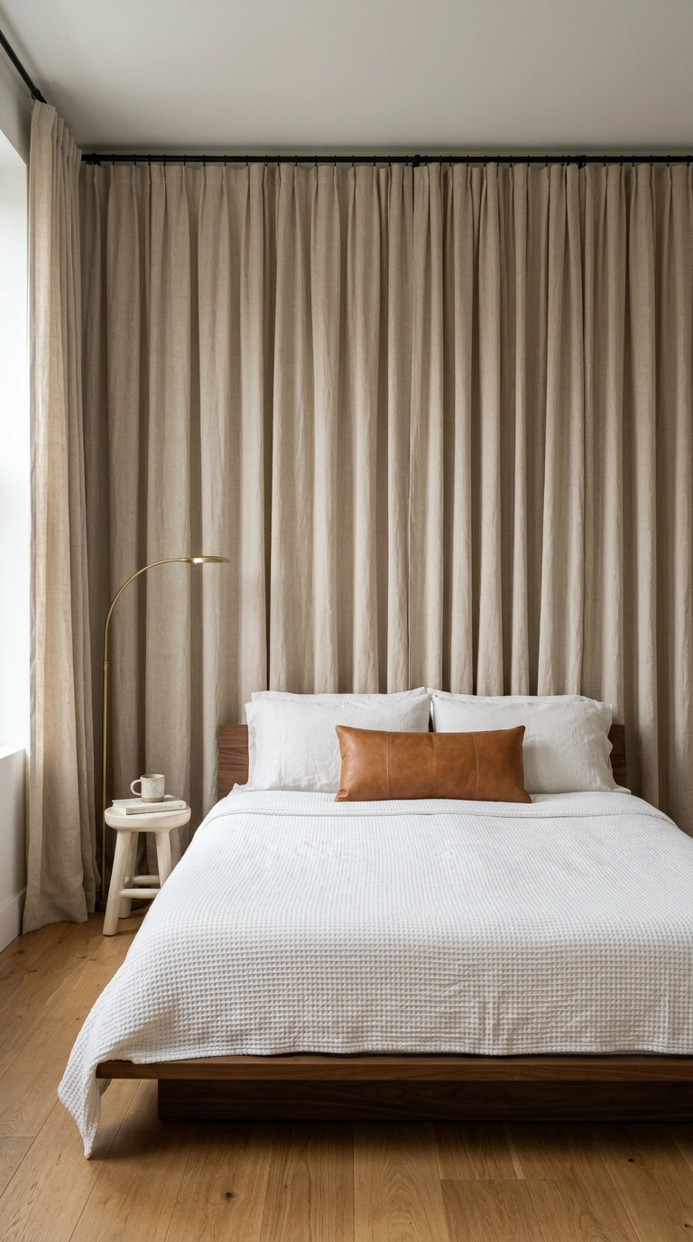 Oatmeal linen curtains hung wall to wall behind a low walnut bed with no headboard