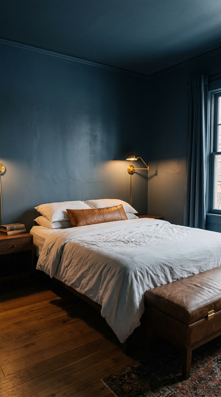 Slate blue color drenched bedroom corner with a bed and no headboard