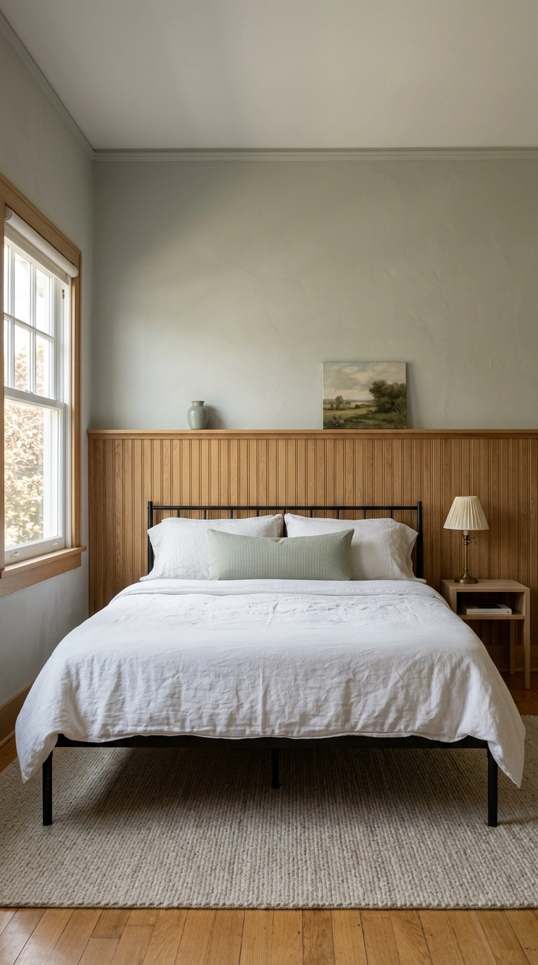 Half-height oak wainscot with a narrow top ledge behind a low iron bed with no headboard