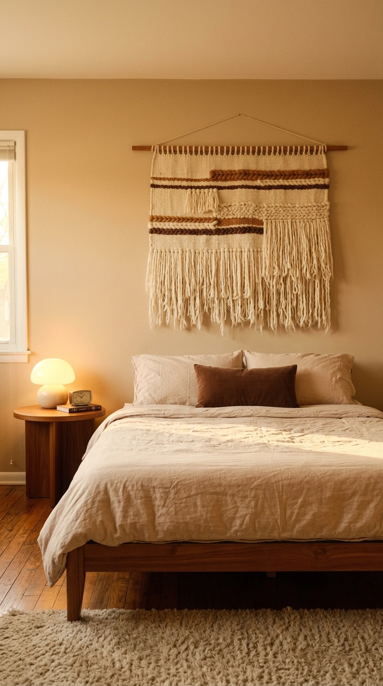 Handwoven cream and caramel fiber wall hanging above a low teak bed with no headboard