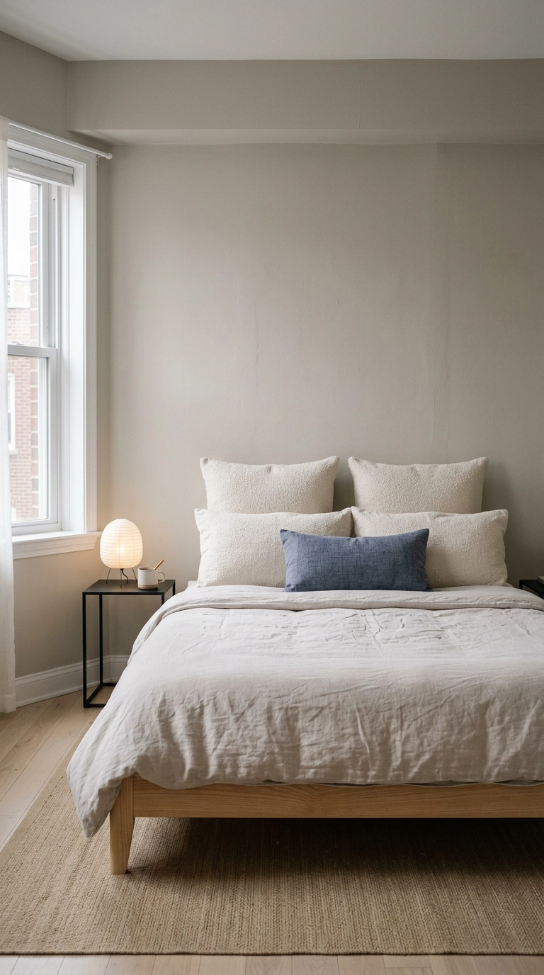 Two upright ivory euro pillows used as a soft headboard on a low ash bed