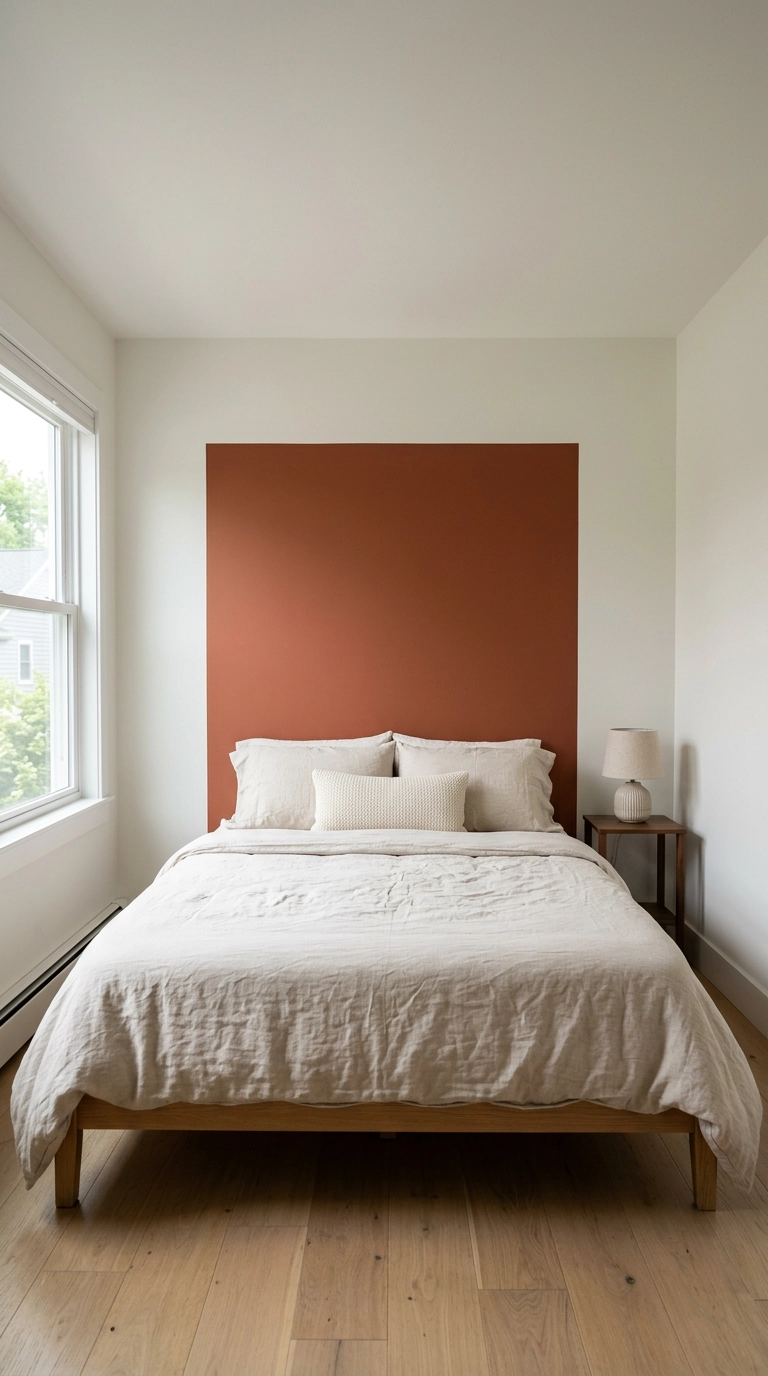 Bedroom with a terracotta painted rectangle on the wall behind a low bed with no headboard