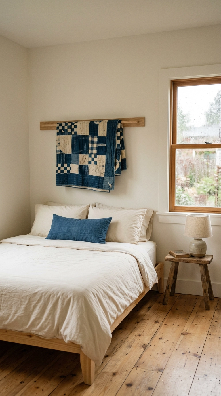 Folded indigo patchwork quilt on an oak rack above a low pine bed