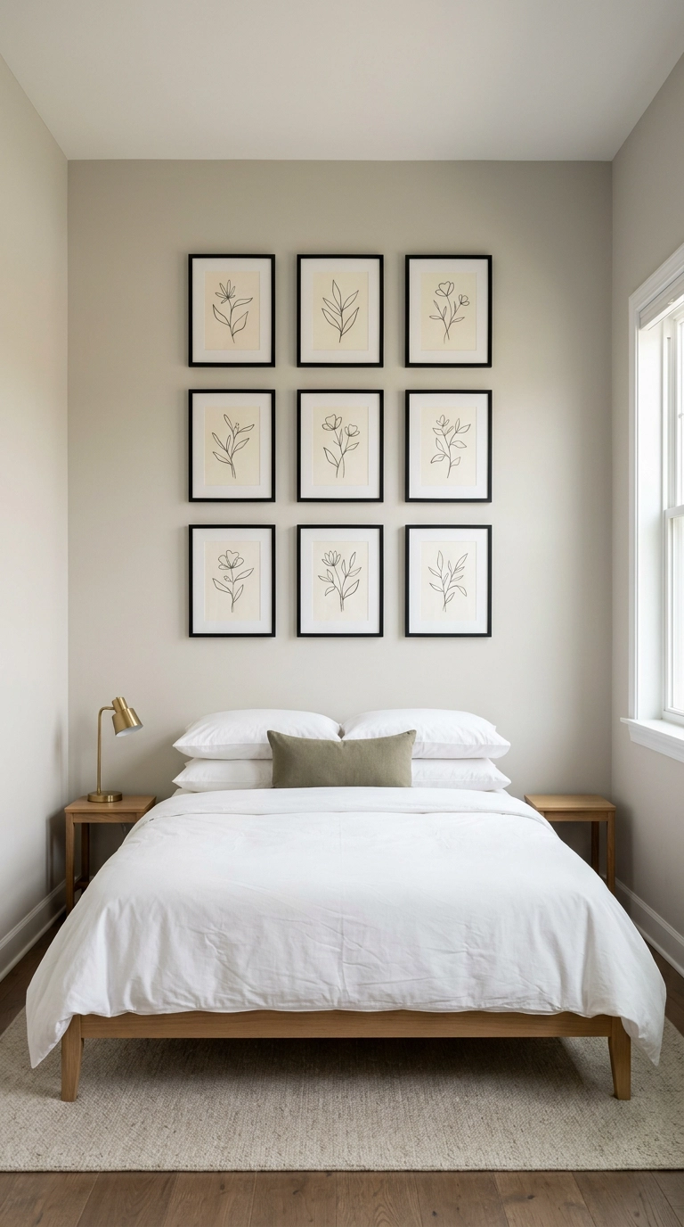 Grid of nine small black frames hung above a low white oak bed with no headboard