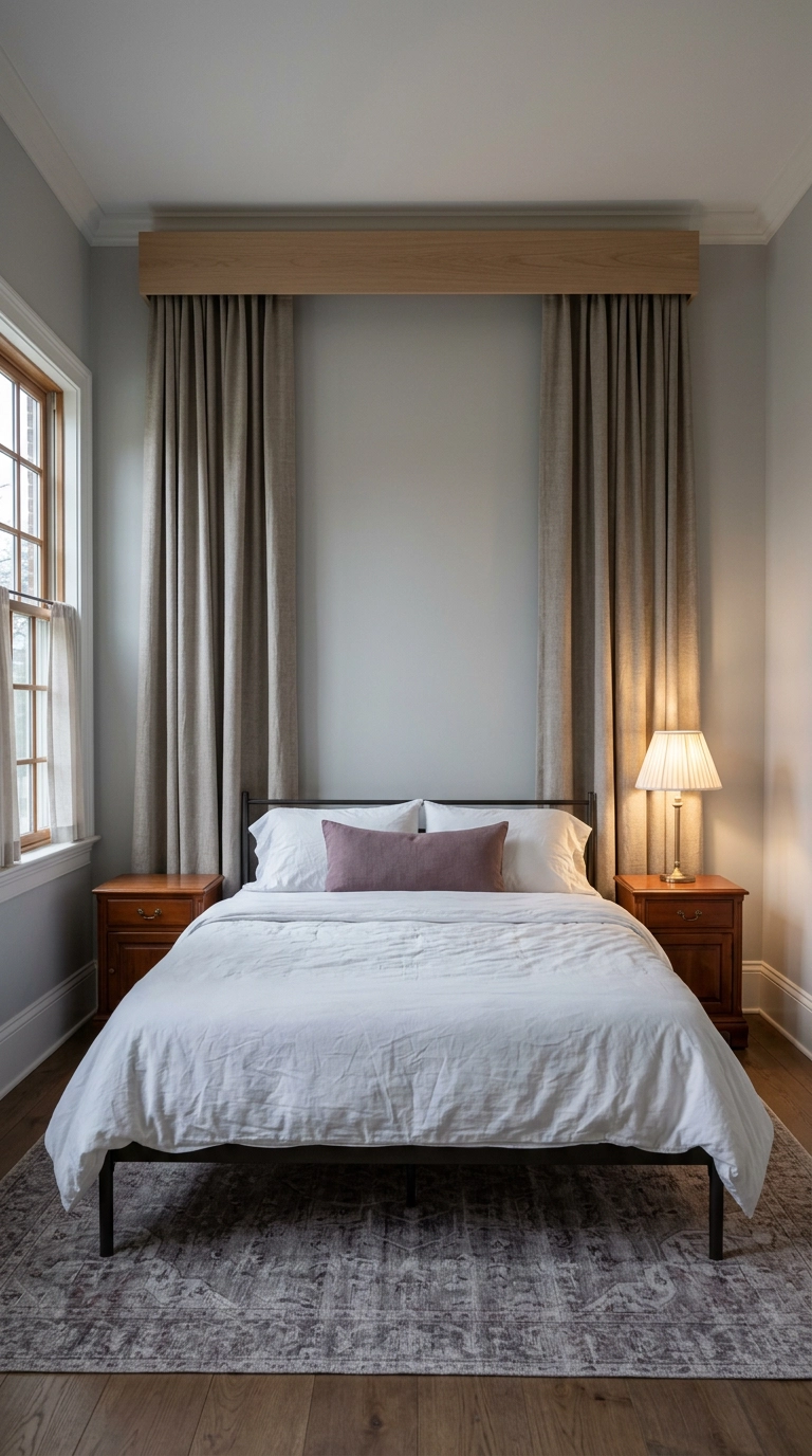 Wood cornice with mushroom linen drapery panels framing a low iron bed with no headboard