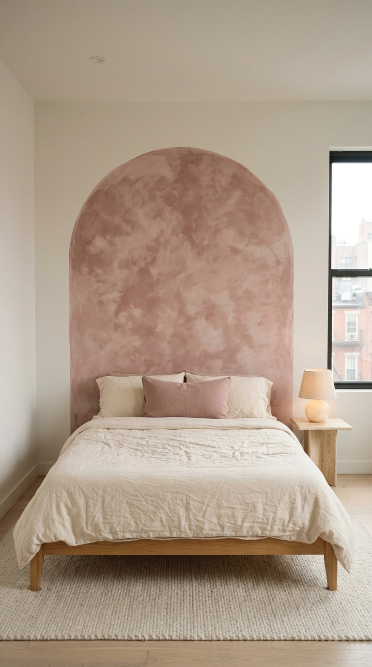 Soft dusty rose limewash arch painted on the wall behind a low oak bed with no headboard