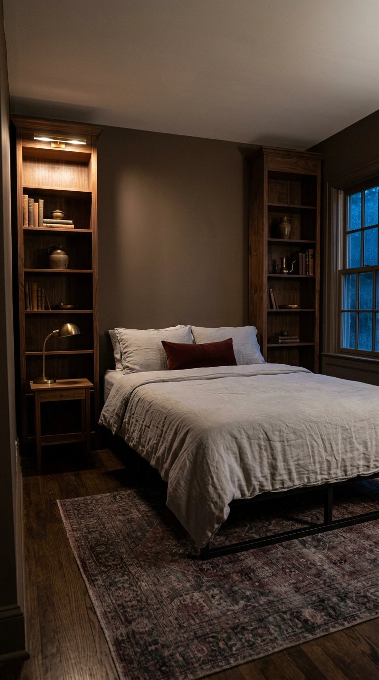 Two tall walnut bookcases flanking a low black bed with no headboard in a moody brown bedroom