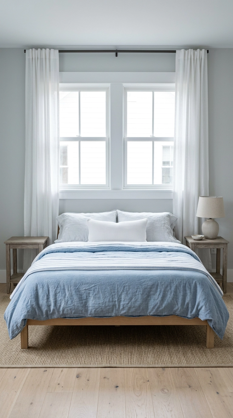 Bed with no headboard centered under a wide window with tall white sheer curtains