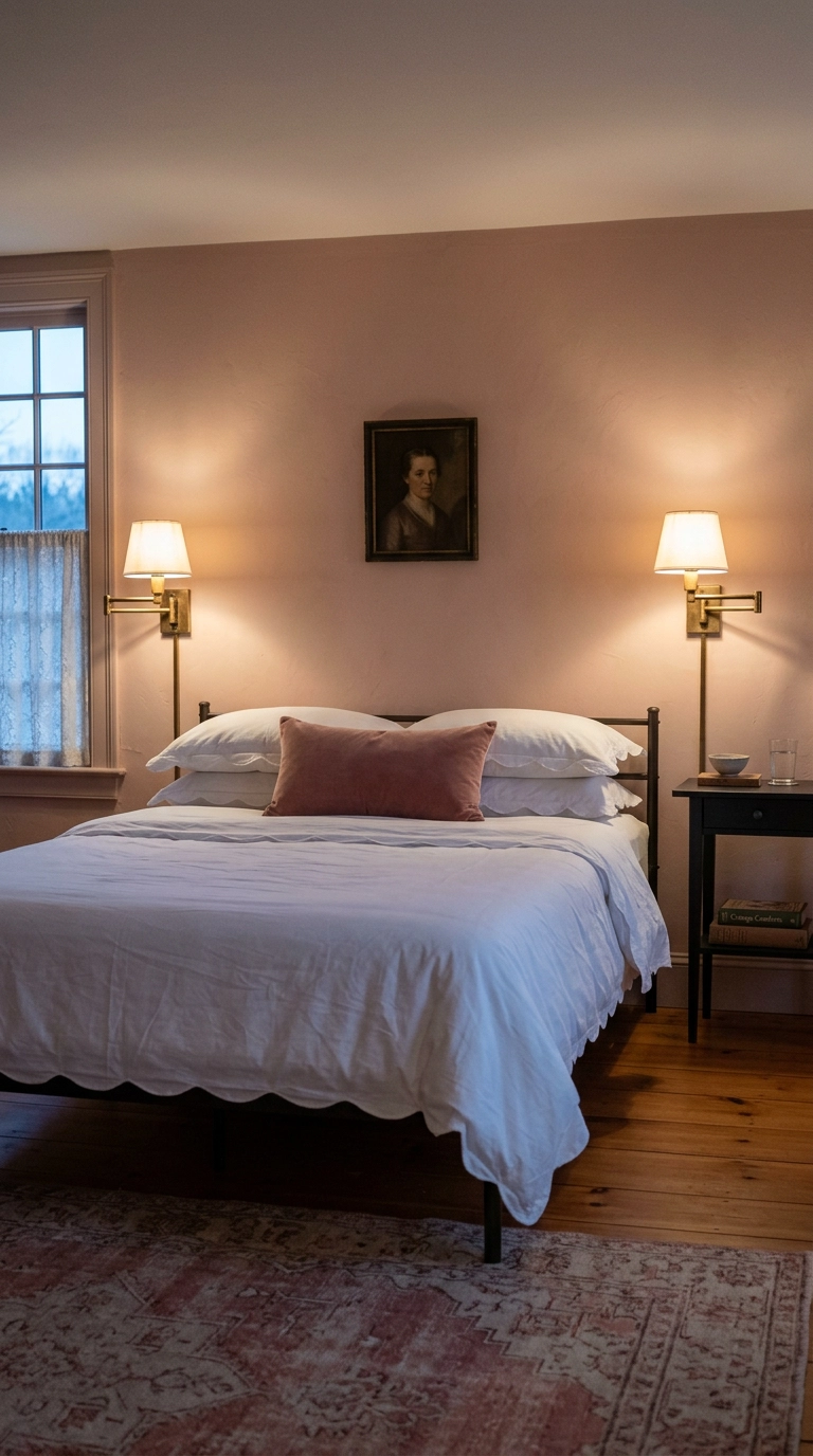 Two brass swing arm sconces flanking a low iron bed with no headboard