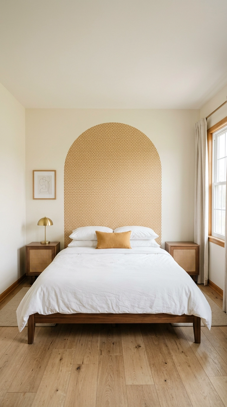 Arched ochre patterned wallpaper shape on the wall behind a low walnut bed