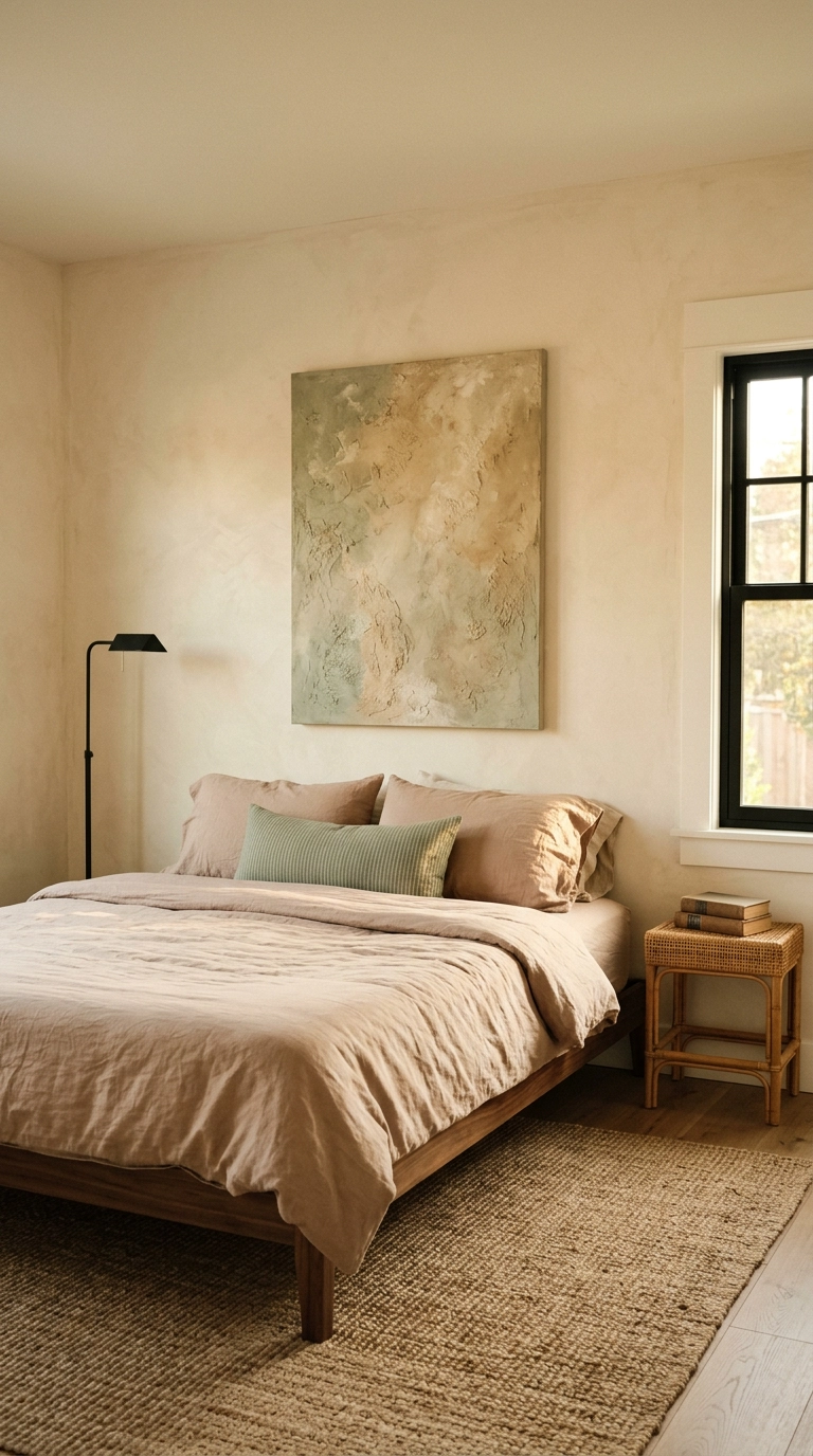 Large abstract sage canvas hung above a low walnut bed with no headboard