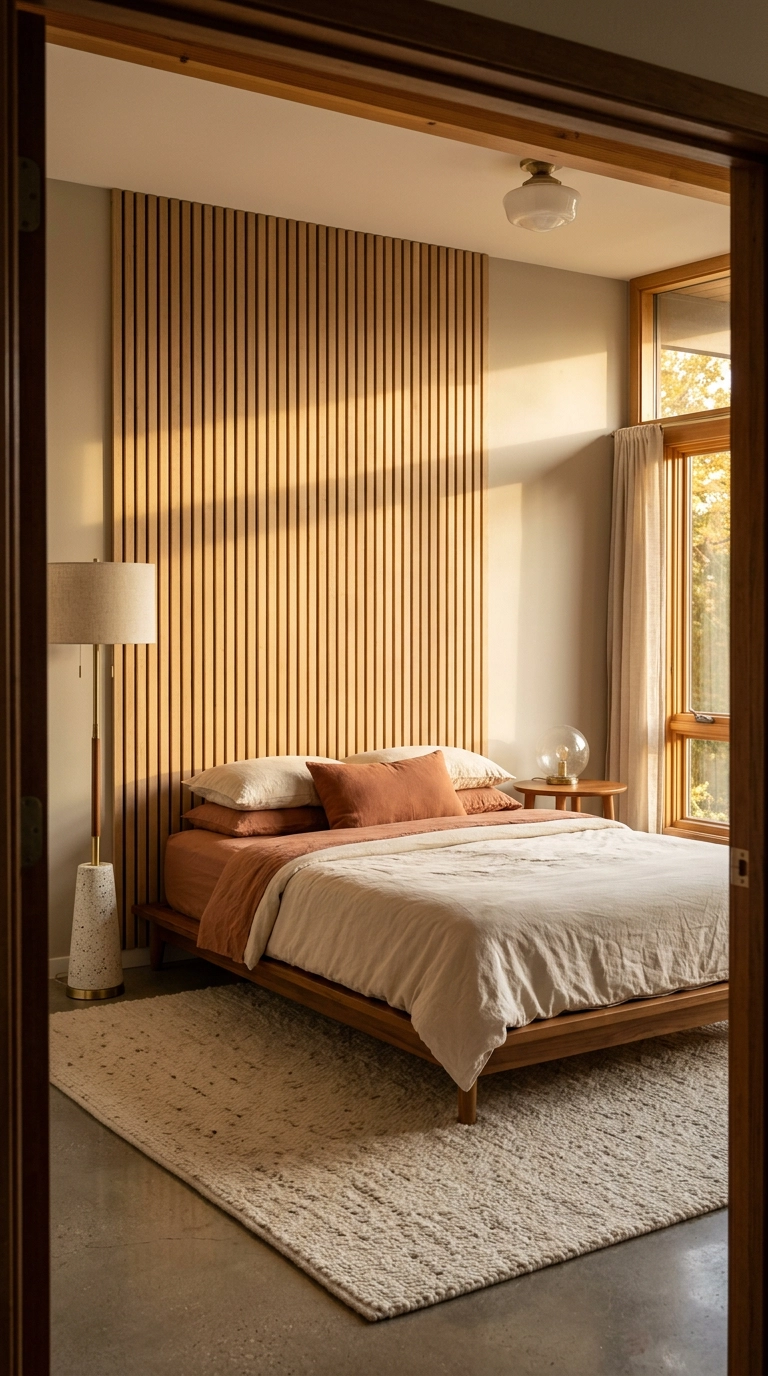 Vertical white oak slat wall behind a low teak bed with no headboard