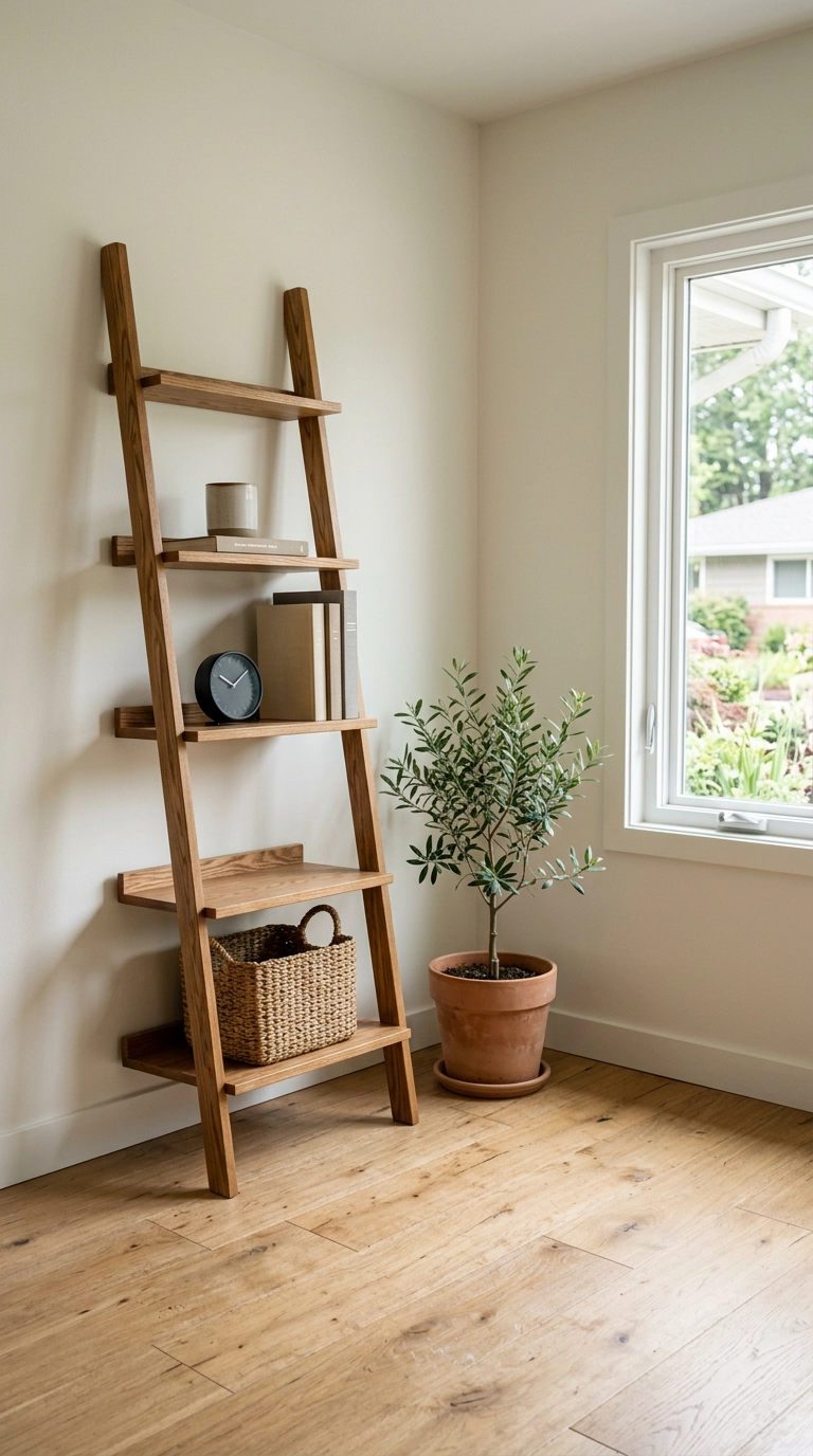 Leaning ash ladder shelf styled in a bright home office corner
