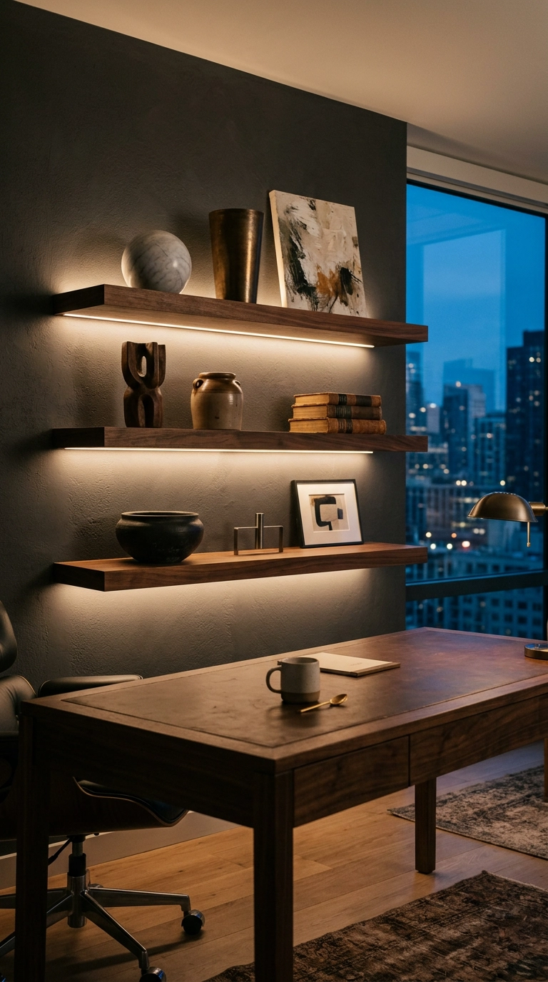 Walnut office shelves with warm LED strip lighting glowing underneath