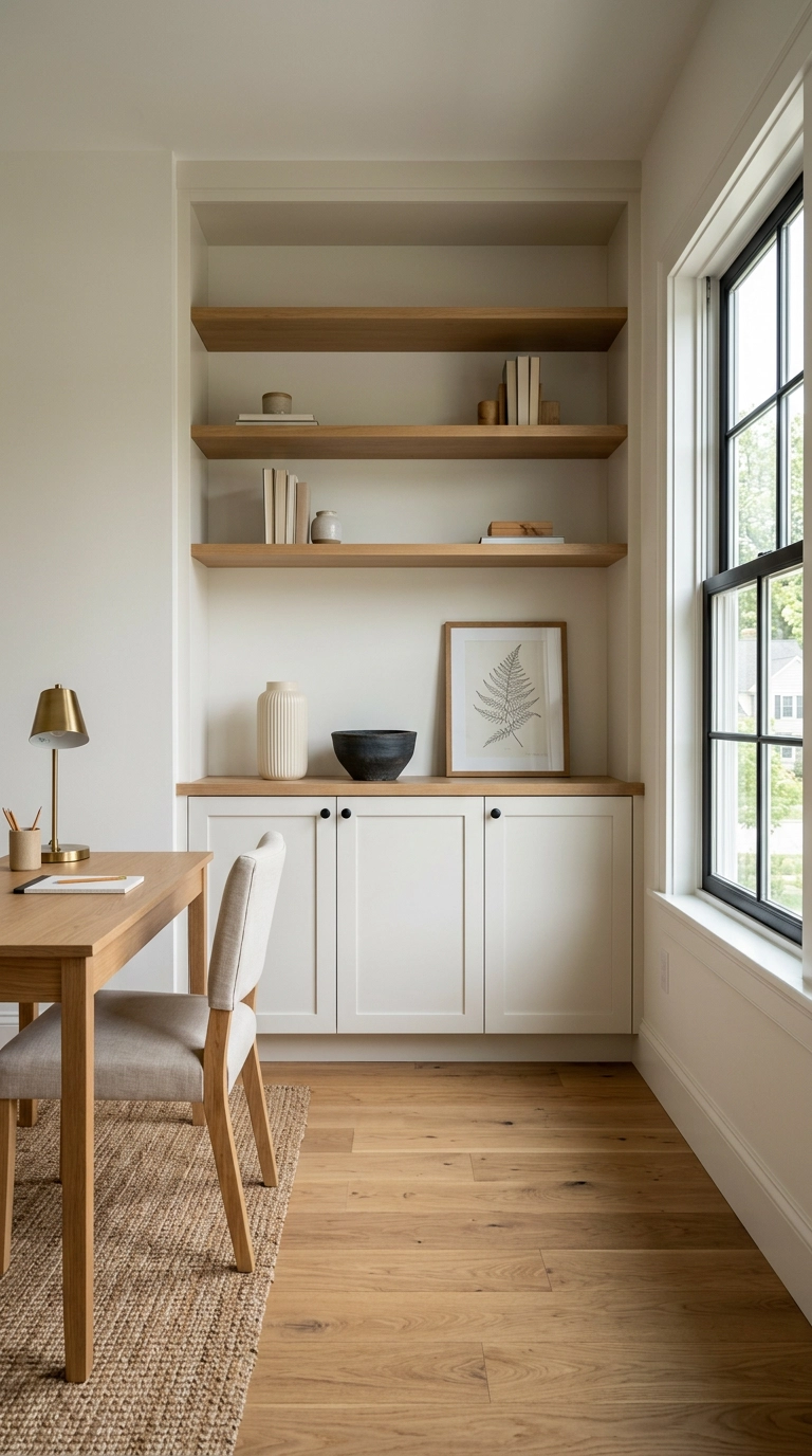Office shelving with closed white cabinet doors below and open oak shelves above