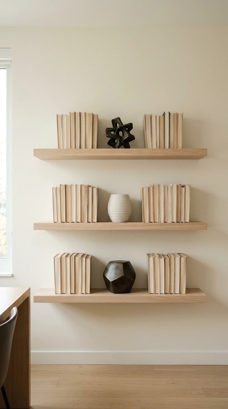 Office shelves with books turned pages-out showing cream page edges