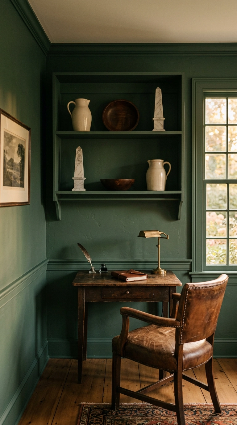 Deep forest green color drenched office shelving with three objects per shelf