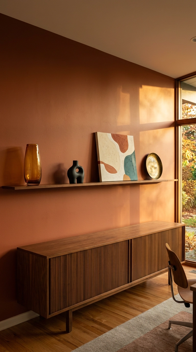 One continuous walnut shelf spanning a terracotta office wall with four objects