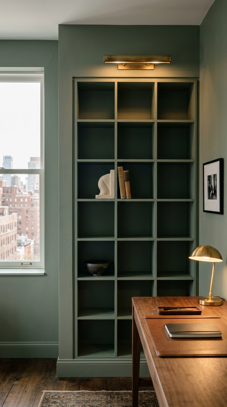 Modular cube shelving painted the same sage green as the office wall