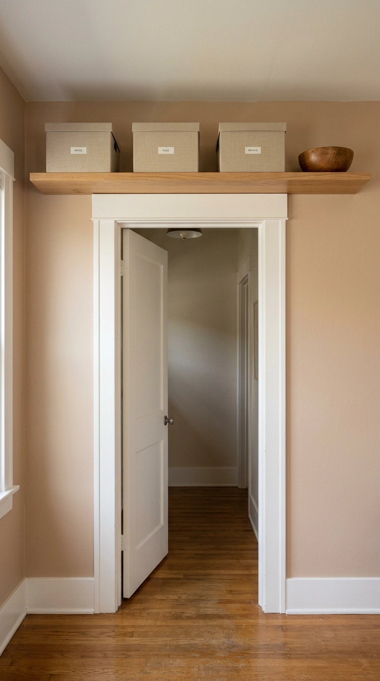 Long shelf above an office doorway holding three matching archival boxes