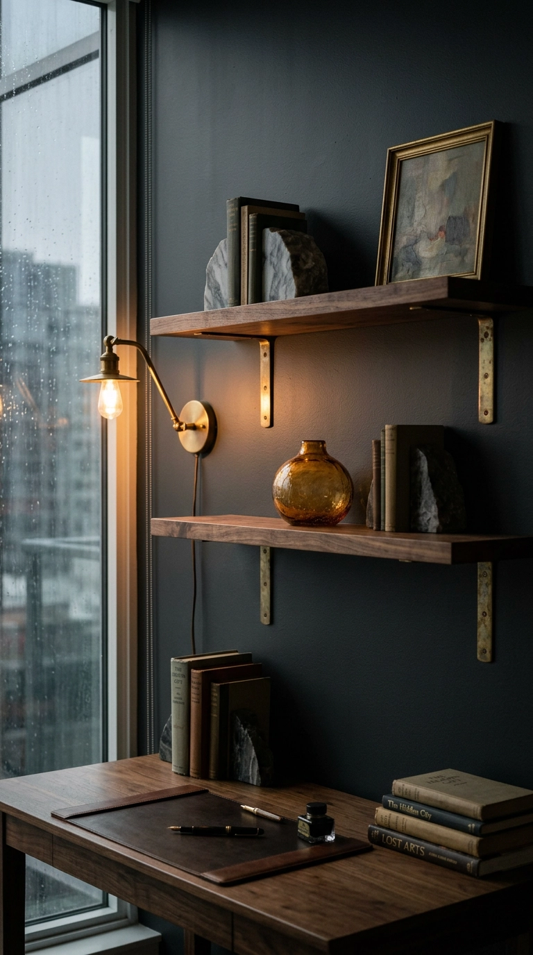 Walnut shelves on brass brackets against a charcoal office wall