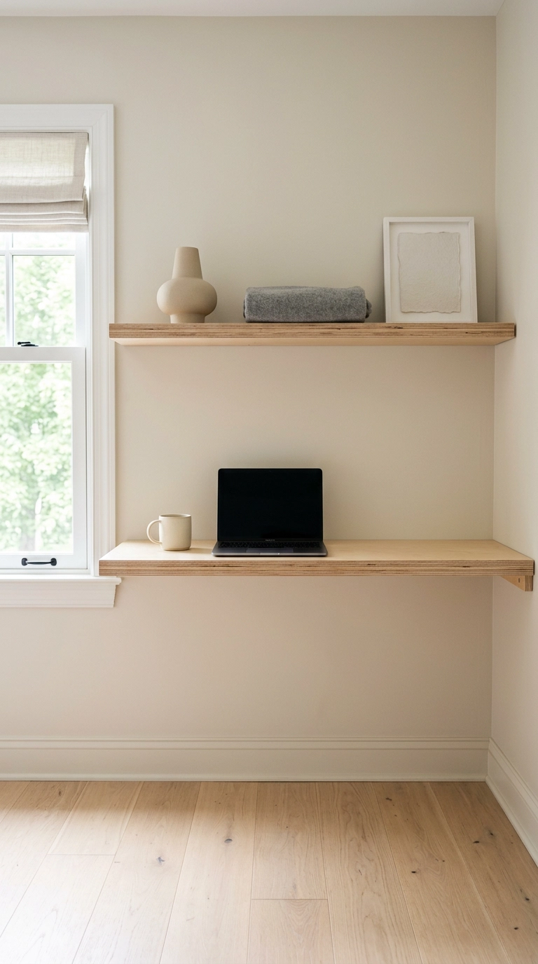 Deep birch plywood shelf at standing height used as a desk with a shelf above