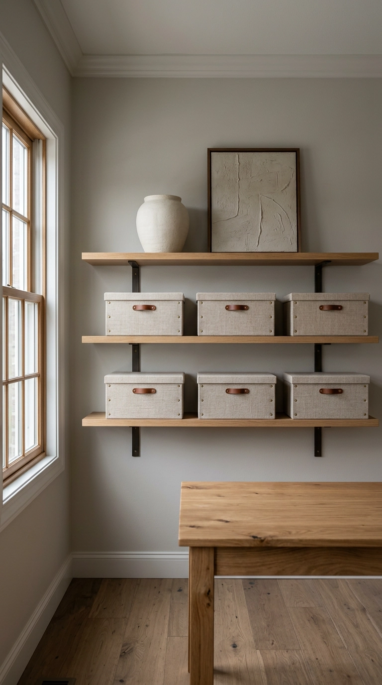 Oak office shelving with three matching linen storage boxes and one ceramic vessel