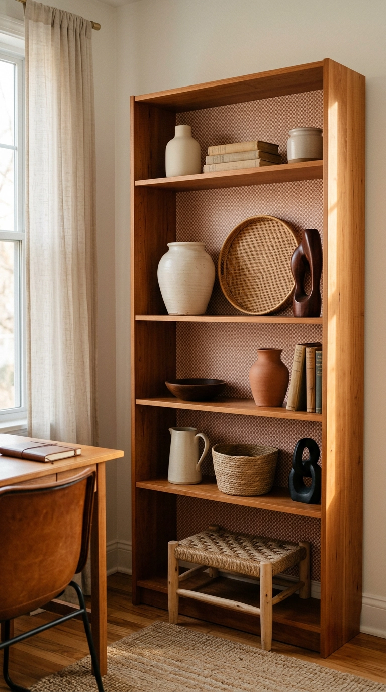 Open cherry bookcase with terracotta patterned wallpaper on the back panel