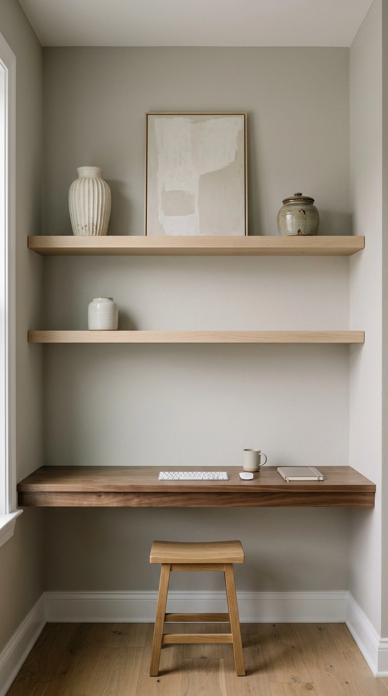 Two floating white oak shelves above a walnut desk styled with three objects each