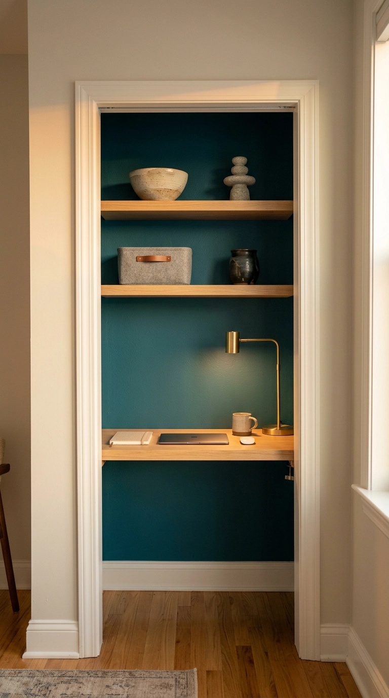 Closet converted to a home office with three oak shelves above a built-in desk