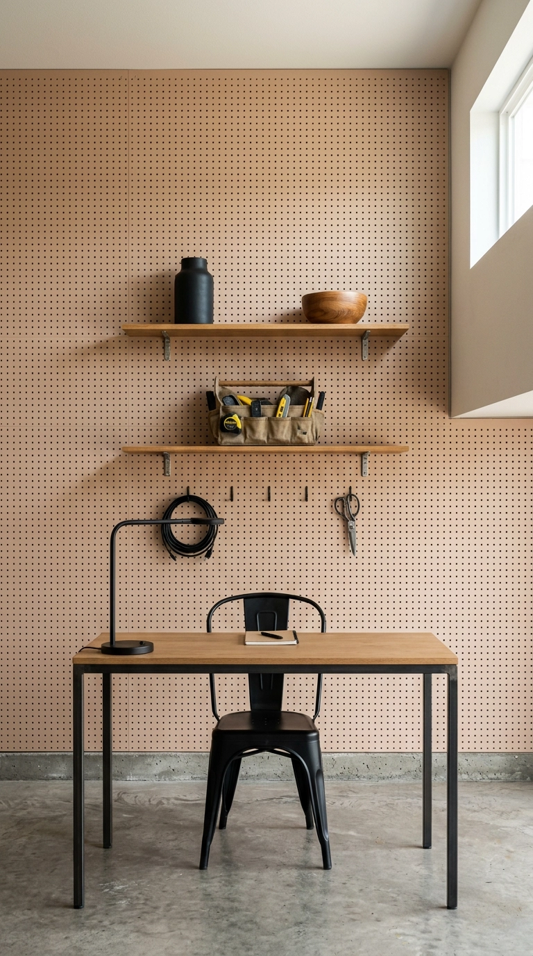 Clay painted pegboard office wall with two oak shelves and black hooks