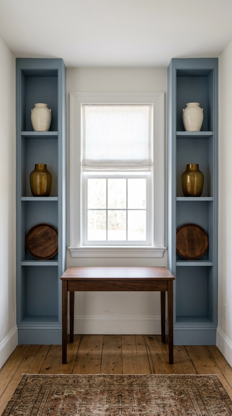 Two slate blue shelving columns flanking an office window with a desk below
