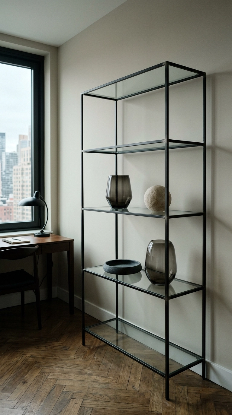 Blackened steel and glass etagere shelving in a small pale putty office