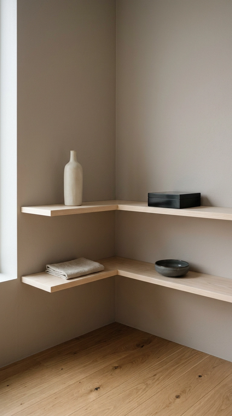 Pale ash shelves wrapping around an office wall corner in an L shape